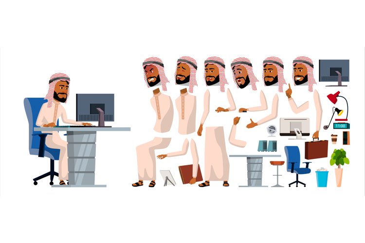 Arab Man Office Worker Vector. Animation Set. Generator.