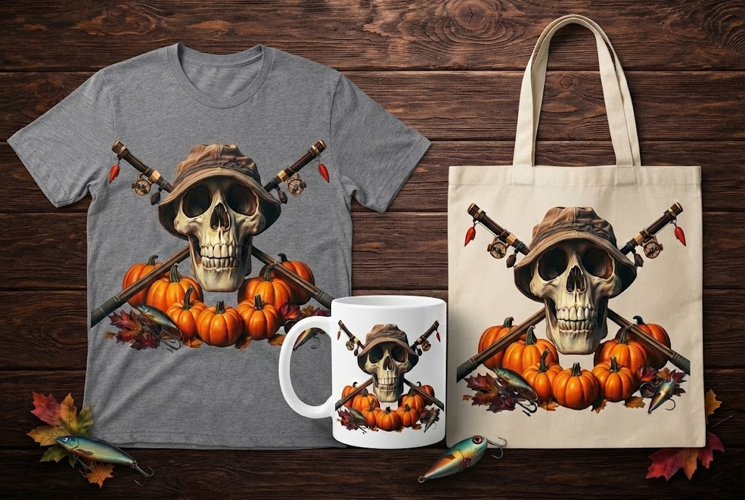 Skeleton Fisherman Hat Halloween Design with Pumpkins