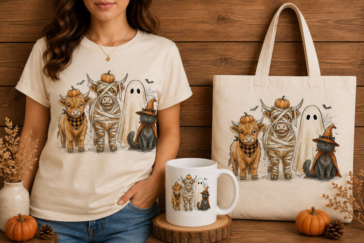 Spooky Cute Halloween Animals Highland Cow Ghost Design example image 1