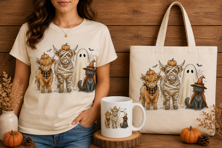 Spooky Cute Halloween Animals Highland Cow Ghost Design
