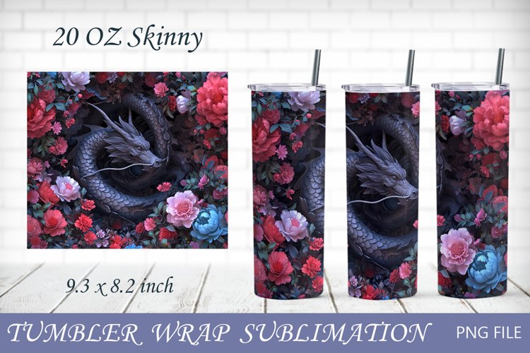 3d tumbler wrap with fantasy dragon and flowers