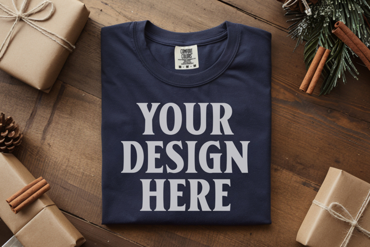 True Navy Comfort Colors 1717 Christmas Folded T-Shirt Mock