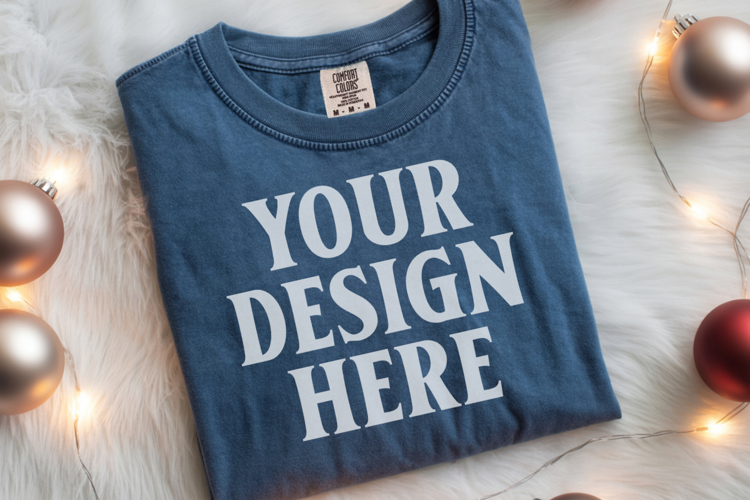 True Navy Comfort Colors 1717 Christmas Folded T-Shirt Mock