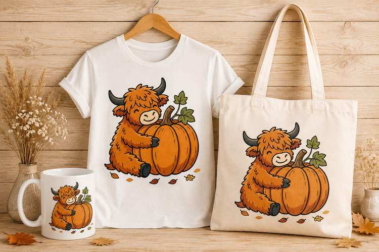 Cute Highland Cow Hugging Pumpkin Fall Art Print
