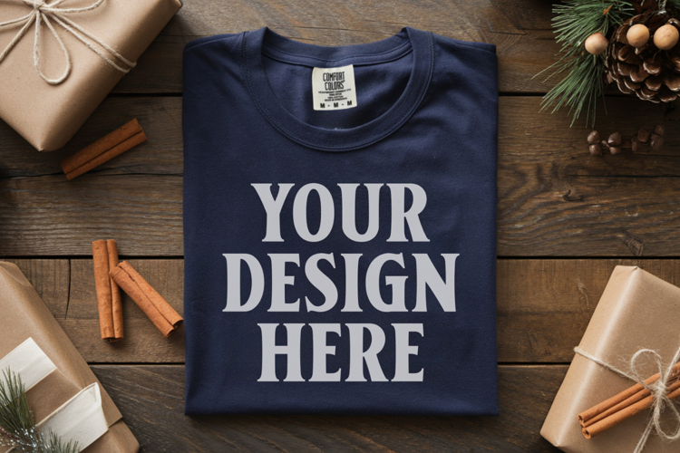 True Navy Comfort Colors 1717 Christmas Folded T-Shirt Mock