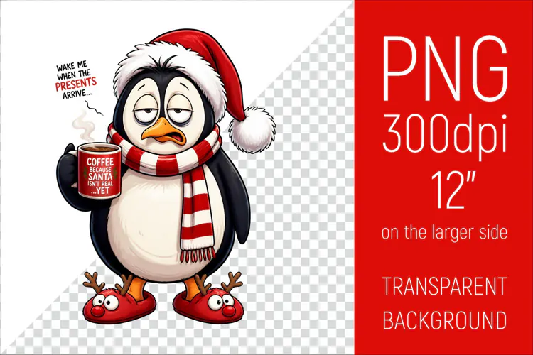 Funny Morning Coffee White Penguin in Santa Hat