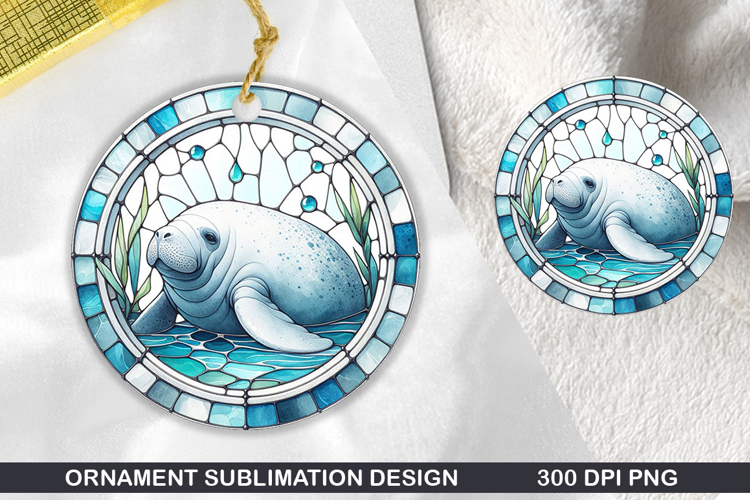 Manatees Stained Glass Ornament PNG, Digital Download File