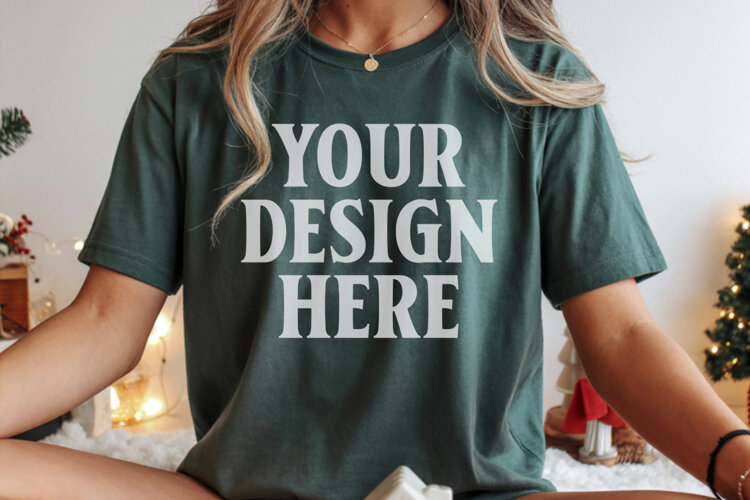Christmas Bella Canvas 3001 Forest Green Shirt Mockup ,Trand example image 1