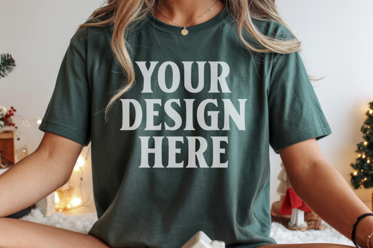 Christmas Bella Canvas 3001 Forest Green Shirt Mockup ,Trand