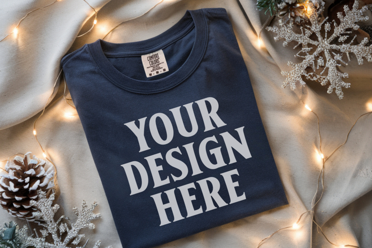 True Navy Comfort Colors 1717 Christmas Folded T-Shirt Mock