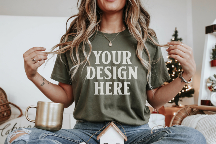 Christmas Bella Canvas 3001 Forest Green Shirt Mockup ,Trand