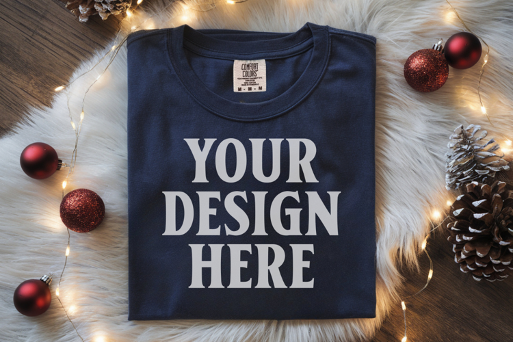True Navy Comfort Colors 1717 Christmas Folded T-Shirt Mock