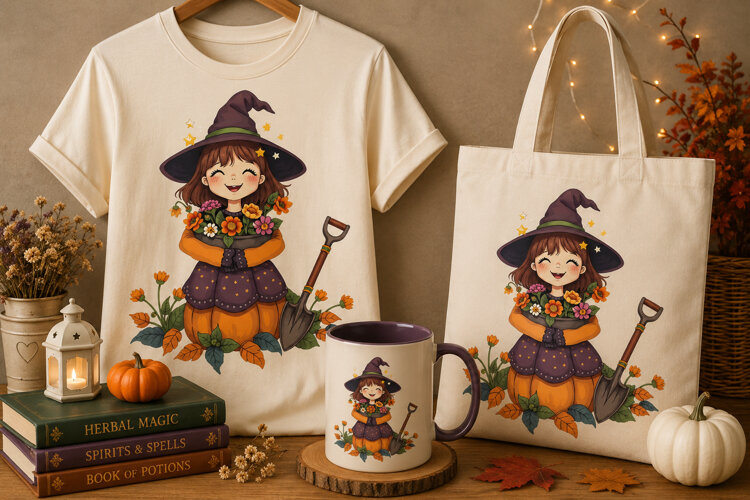 Halloween Witch PNG | Cute Pumpkin Witch with Flowers example image 1