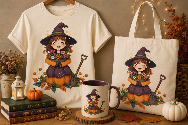 Halloween Witch PNG | Cute Pumpkin Witch with Flowers