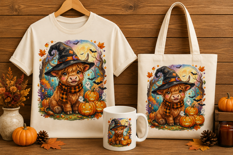Kawaii Witch Highland Cow Halloween Sticker Art Print