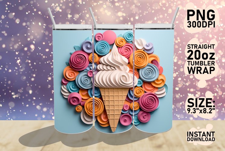 3D Ice Cream Tumbler Wrap Sublimation 20oz PNG, Summer PNG