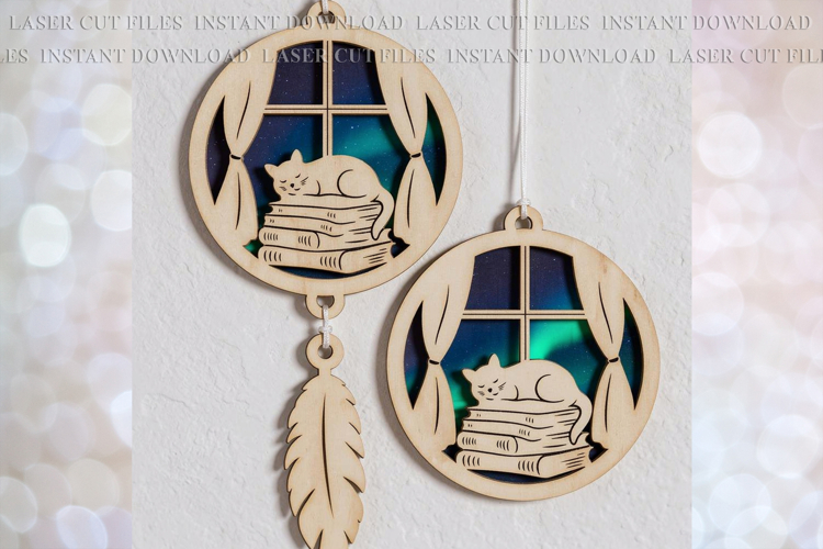 Cat on Books Sun-catcher Ornament svg Laser cut file
