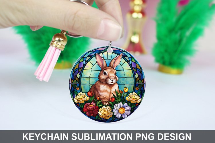 Bunny Round Keychain, Bunny Flowers Keychain Design