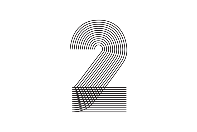 Number two 2 Line Art in black thin lines striped isolated