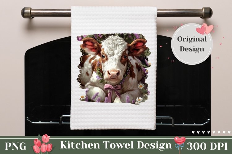 Cute Cow Kitchen Towel Design, Floral Towel PNG, Cow PNG