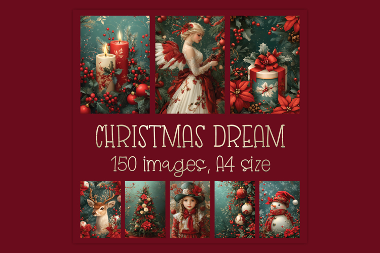 Vintage Red Green Christmas Digital Paper Bundle, A4 size
