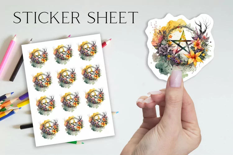 monogram pentacle nature with flowers stickers sheet