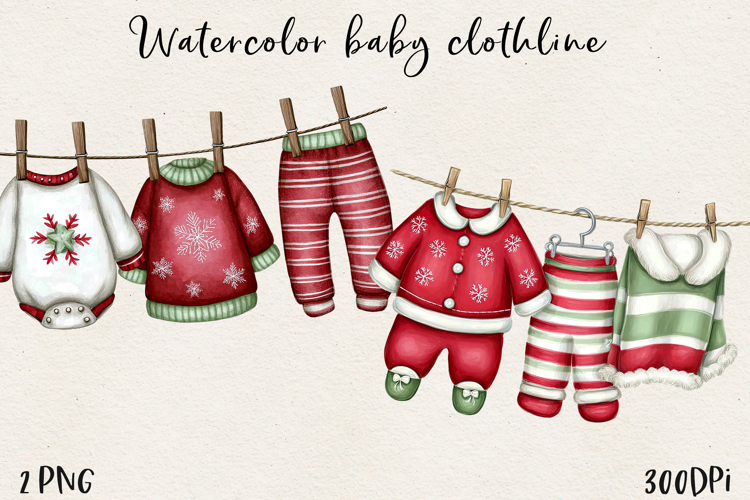 Watercolor Christmas Baby Clothesline Clipart PNG