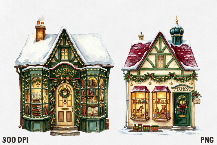 Christmas Village Watercolor Clipart PNG, Whimsical Holiday example image 1