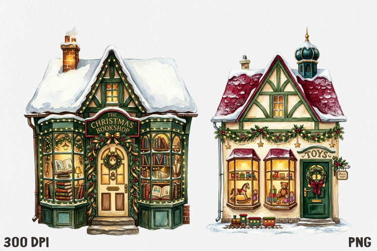 Christmas Village Watercolor Clipart PNG, Whimsical Holiday