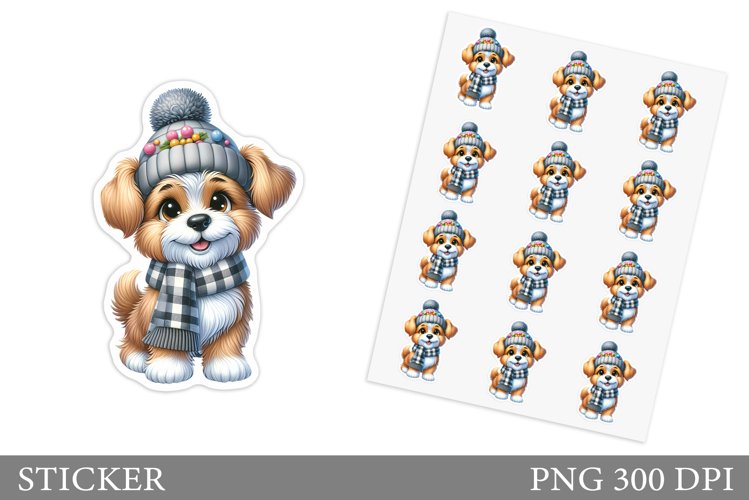 Cute Dog Sticker Design. Winter Dog Sticker Printable