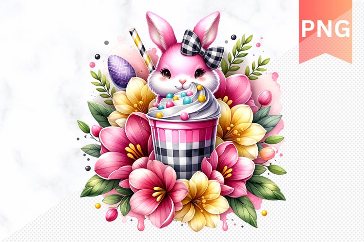 Easter Bunny And Milkshake Flowers Sublimation - Clipart PNG
