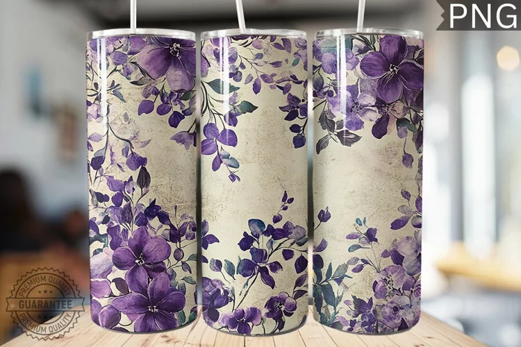 Purple Floral Tumbler Wrap - High Quality 300 Dpi