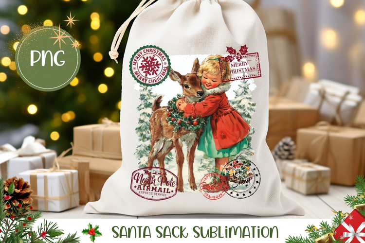 Vintage Christmas Deer Santa Sack Print, Christmas Gift Bag
