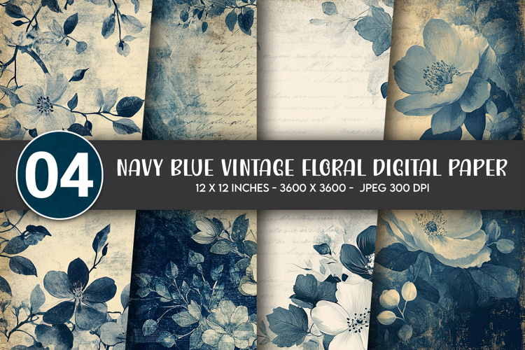Navy Blue Vintage Floral Digital Paper