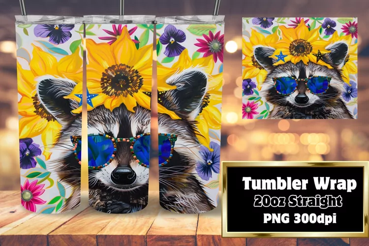 Tumbler Wrap Sublimation: Raccoon & Floral Pattern
