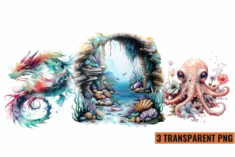 Watercolor Sea Animals Clipart , PNG