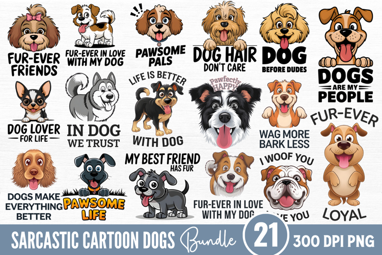 Sarcastic Cartoon Dogs Sublimation Bundle PNG