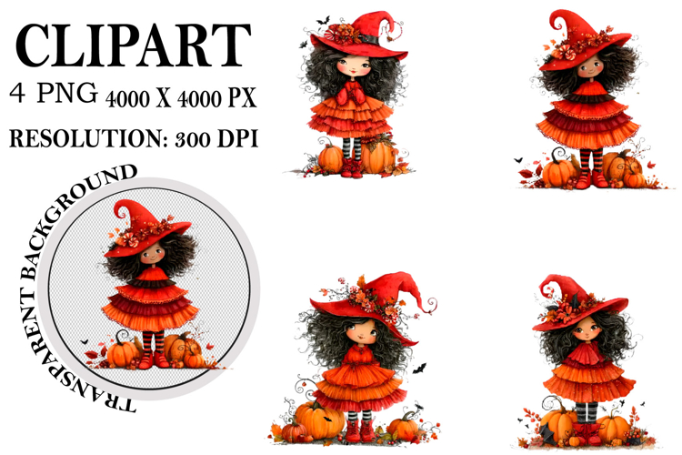 Whimsical Halloween Girl Clipart Watercolor PNG example image 1