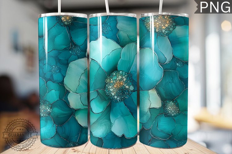 Teal Alcohol Ink Flower Tumbler Wrap -High Quality 300 Dpi