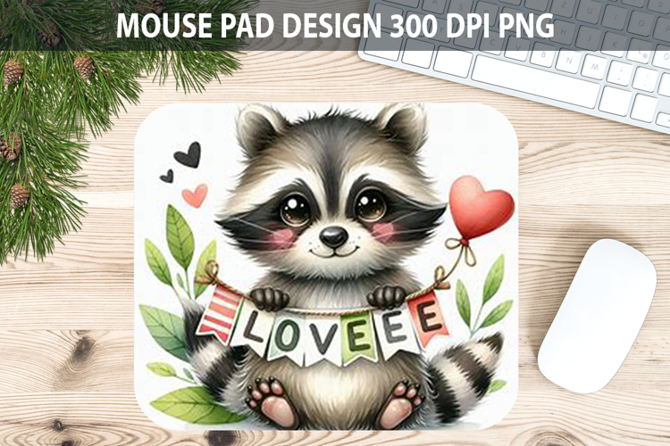 Watercolor Raccoon Mouse Pad Sublimation - Valentines PNG