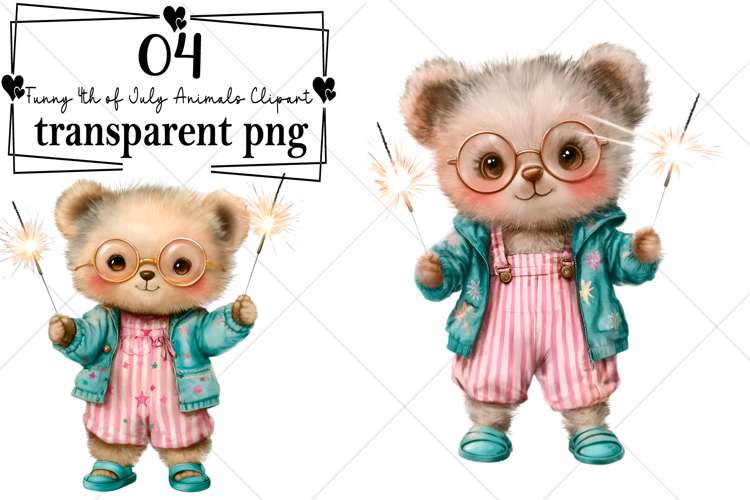 Funny 4th of July Animals Clipart Watercolor PNG