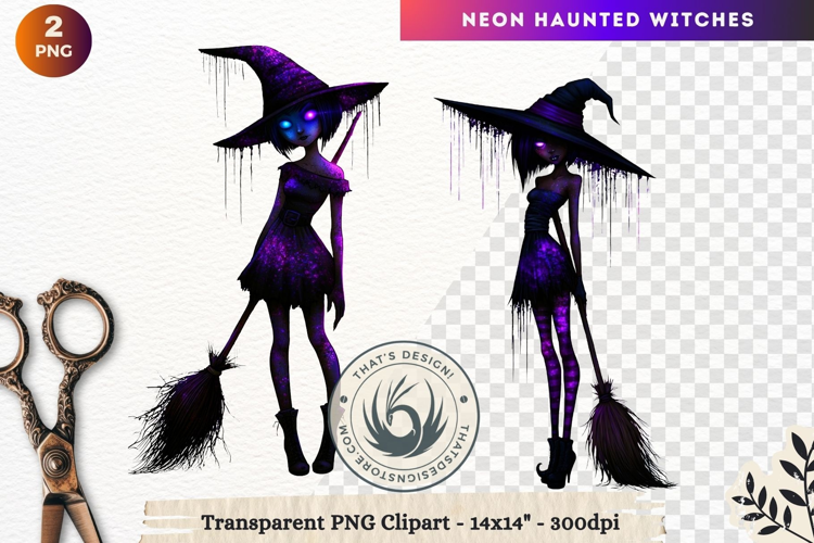 Neon Haunted Witches Clipart, Spooky Kawaii Halloween PNG