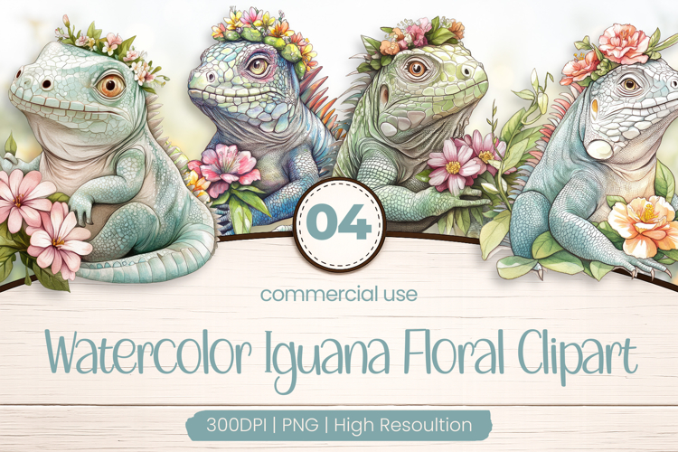 Watercolor Iguana Floral Clipart PNG