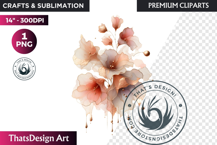 Rose Gold Pink flowers Clipart, Abstract Flowers Wedding PNG