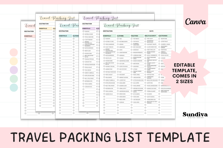 Travel Packing List Editable Template 6 | Travel Planner
