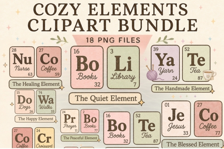 Cozy Elements Clipart Bundle PNG, Faux Periodic Table Quotes