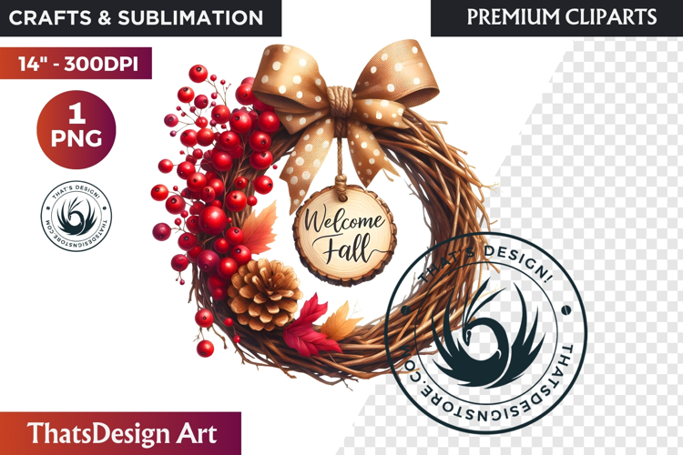 Cozy Autumn Wreath - Boho Farmhouse Fall Clipart PNG
