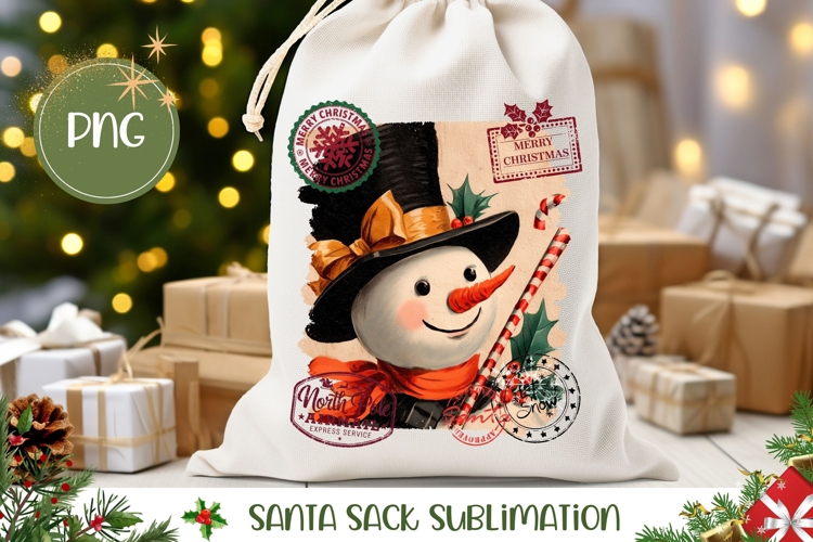Vintage Christmas Snowman Santa Sack, Christmas Gift Bag PNG