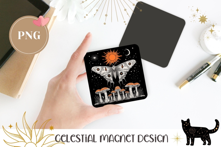 Cartoon Moth Magnet PNG, Celestial Moon Magnet Template