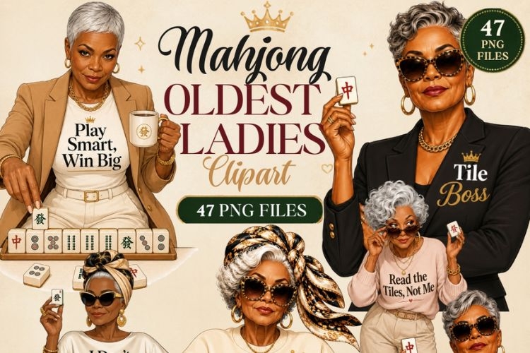Mahjong Ladies Clipart PNG, Senior Mahjong Women Sublimation